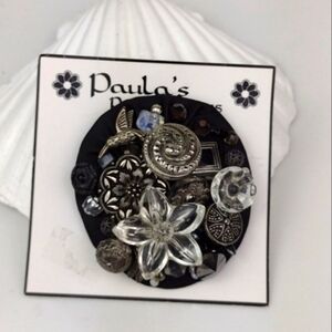 Whimsically Edgy Black Artisan Silver Tone Black & Clear Buttons & Beads  Brooch